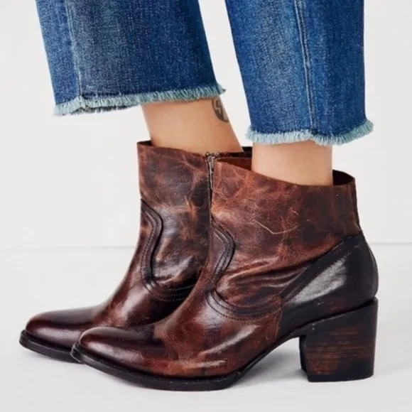 Freebird Flint Ankle Boots Leather Booties Cognac‎ Brown Side Zip 9 Western Boho