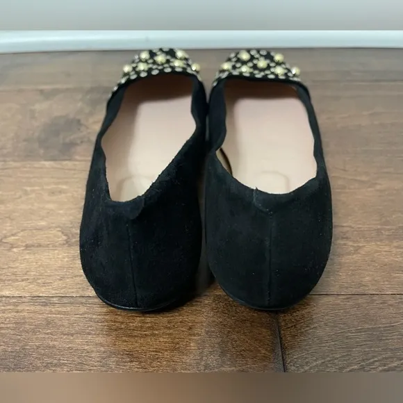 French Sole Black &amp; Gold Suede Leather Ballet Beaded Flats Size 8
