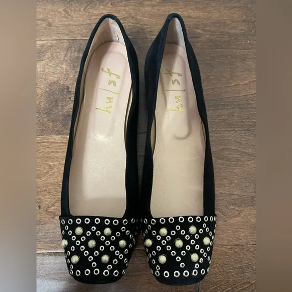 French Sole Black &amp; Gold Suede Leather Ballet Beaded Flats Size 8