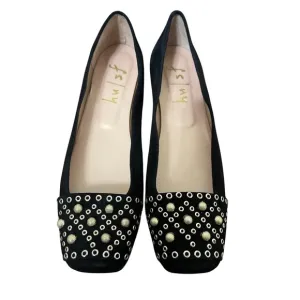 French Sole Black &amp; Gold Suede Leather Ballet Beaded Flats Size 8