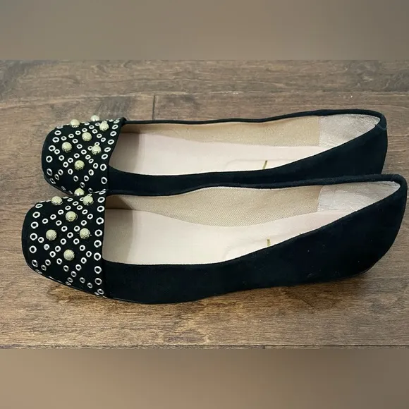 French Sole Black &amp; Gold Suede Leather Ballet Beaded Flats Size 8