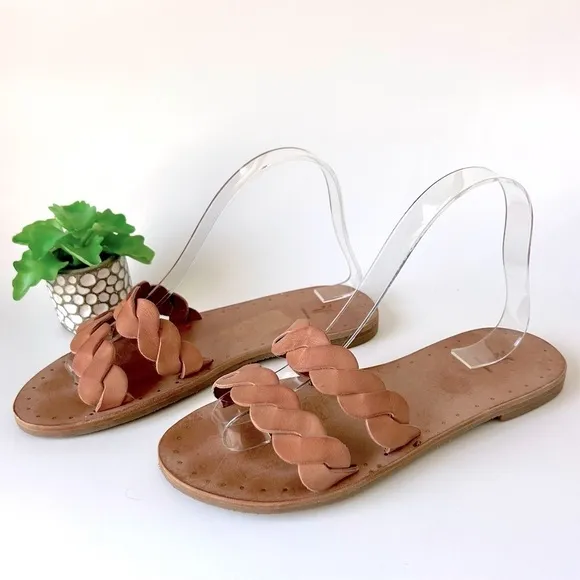 Frye Azalea Braid Slide Sandals Two Strap Open Toe Tan Light Rose Leather 7