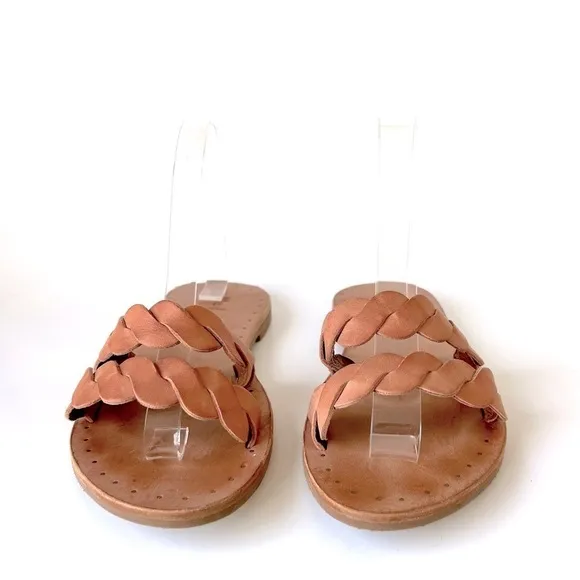 Frye Azalea Braid Slide Sandals Two Strap Open Toe Tan Light Rose Leather 7