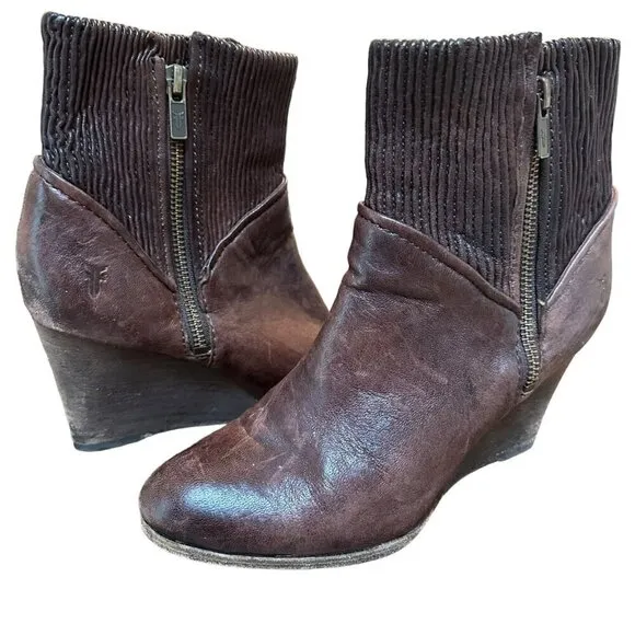 Frye Corby Side Zip Ruched Moto Brown Leather Wedge Ankle Booties Boots Size 7