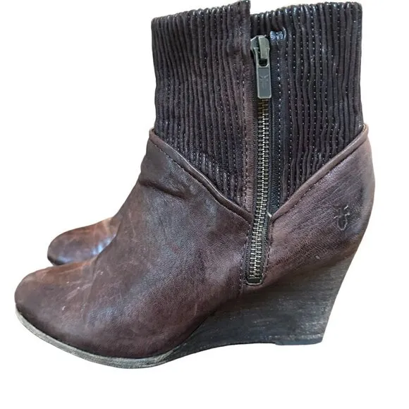 Frye Corby Side Zip Ruched Moto Brown Leather Wedge Ankle Booties Boots Size 7