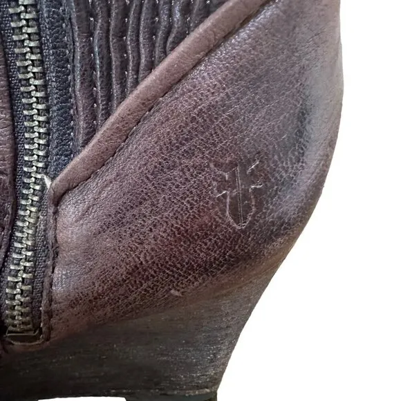 Frye Corby Side Zip Ruched Moto Brown Leather Wedge Ankle Booties Boots Size 7