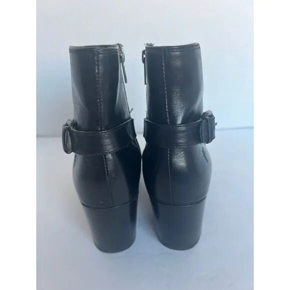 FRYE Janis Shield Black Leather Almond Toe Block Heel  Side Zip Ankle Boots 8.5B