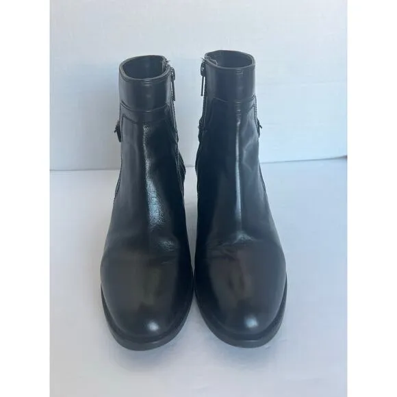 FRYE Janis Shield Black Leather Almond Toe Block Heel  Side Zip Ankle Boots 8.5B