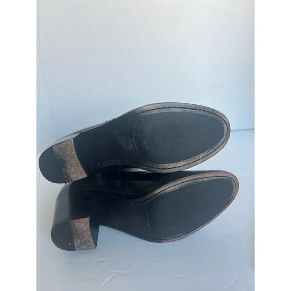 FRYE Janis Shield Black Leather Almond Toe Block Heel  Side Zip Ankle Boots 8.5B