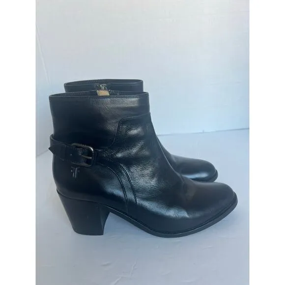 FRYE Janis Shield Black Leather Almond Toe Block Heel  Side Zip Ankle Boots 8.5B