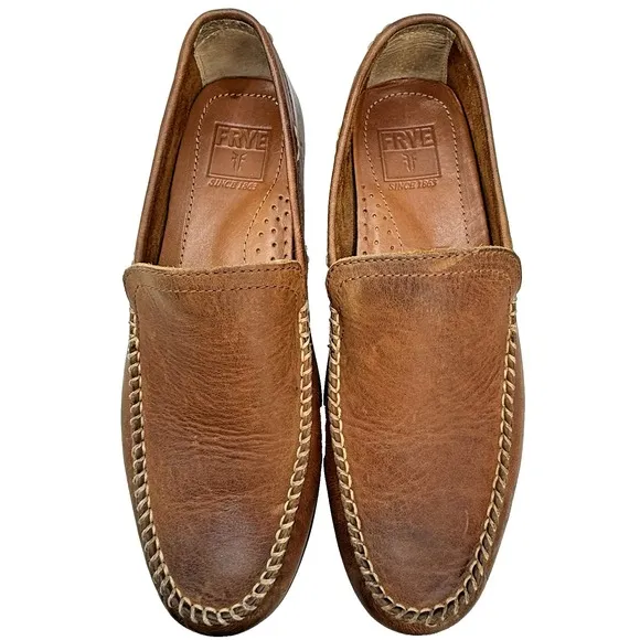Frye Lewis Venetian Driving Shoes Men 9.5 Brown Leather Loafer 3480259-COG Mocs