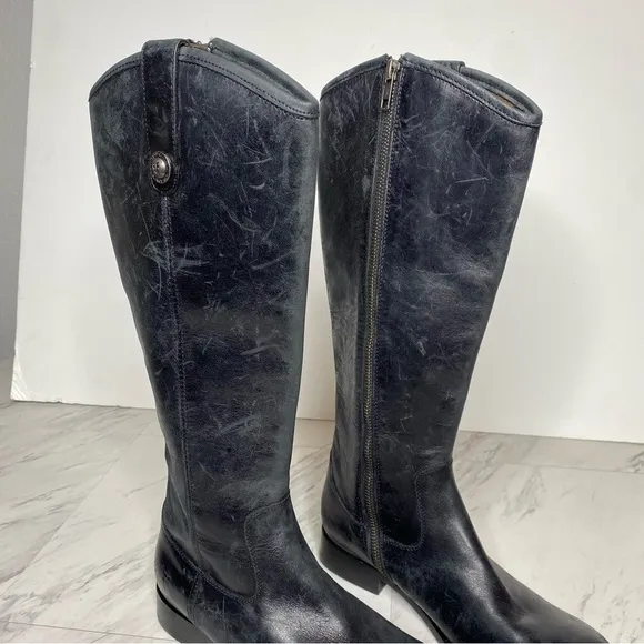 Frye Melissa Button Inside Zipper Black Leather Riding Tall Boots 6 1/2 B