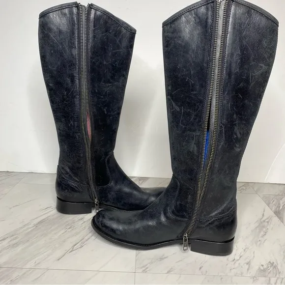 Frye Melissa Button Inside Zipper Black Leather Riding Tall Boots 6 1/2 B