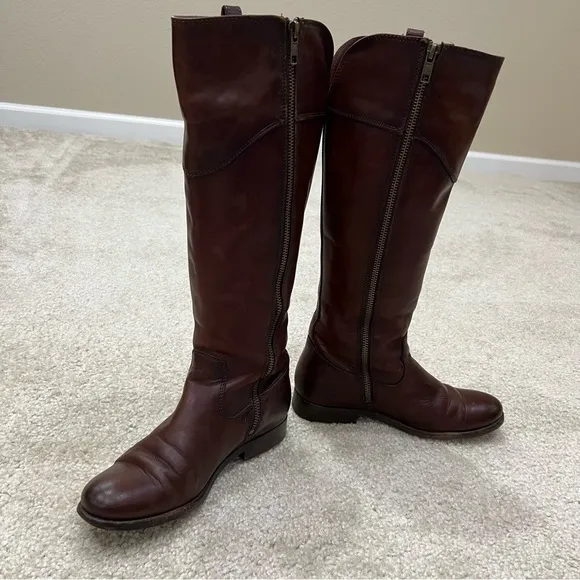 Frye Melissa Tab Red Brown Leather Tall Riding Boot Side Zip Women Size 6 B,