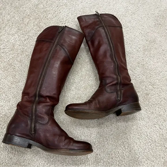 Frye Melissa Tab Red Brown Leather Tall Riding Boot Side Zip Women Size 6 B,