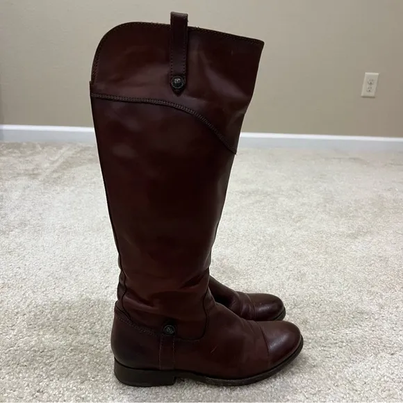 Frye Melissa Tab Red Brown Leather Tall Riding Boot Side Zip Women Size 6 B,