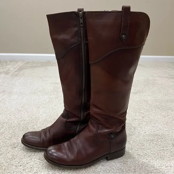 Frye Melissa Tab Red Brown Leather Tall Riding Boot Side Zip Women Size 6 B,