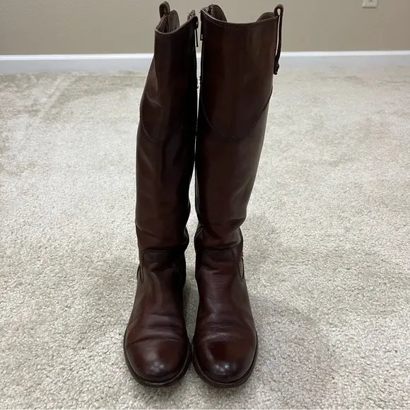 Frye Melissa Tab Red Brown Leather Tall Riding Boot Side Zip Women Size 6 B,