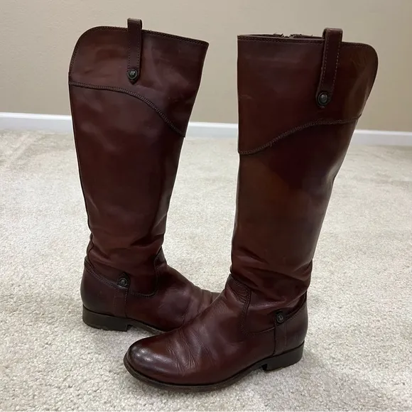 Frye Melissa Tab Red Brown Leather Tall Riding Boot Side Zip Women Size 6 B,