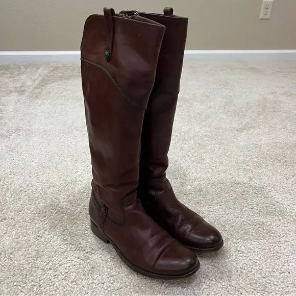 Frye Melissa Tab Red Brown Leather Tall Riding Boot Side Zip Women Size 6 B,