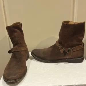 Frye men’s brown suede leather buckle side zipper calf length boots size 10.5