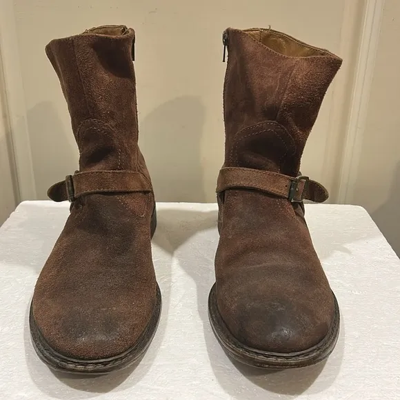 Frye men’s brown suede leather buckle side zipper calf length boots size 10.5