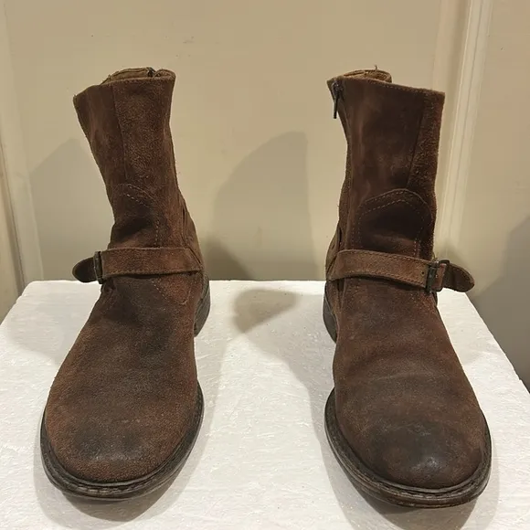 Frye men’s brown suede leather buckle side zipper calf length boots size 10.5