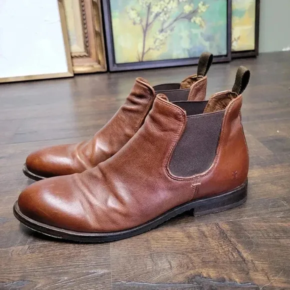 Frye Men's Grant Chelsea Leather Boots  Cognac Brown Size 9