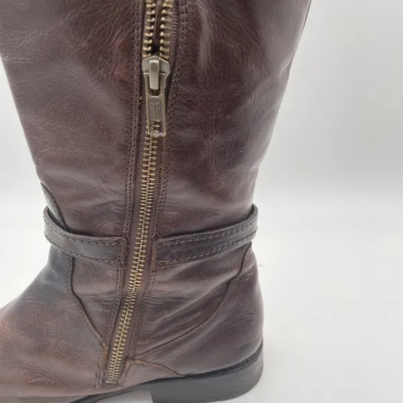 Frye Tall Knee High Riding Boots Women's Size 8 Brown Leather Buckle Side Zip