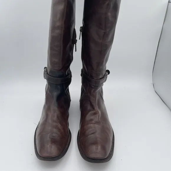 Frye Tall Knee High Riding Boots Women's Size 8 Brown Leather Buckle Side Zip