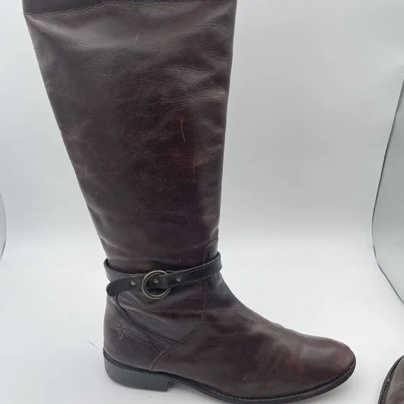 Frye Tall Knee High Riding Boots Women's Size 8 Brown Leather Buckle Side Zip