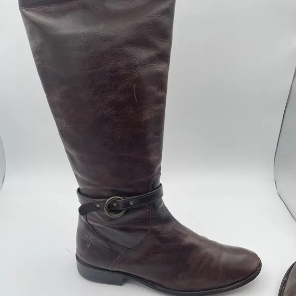 Frye Tall Knee High Riding Boots Women's Size 8 Brown Leather Buckle Side Zip