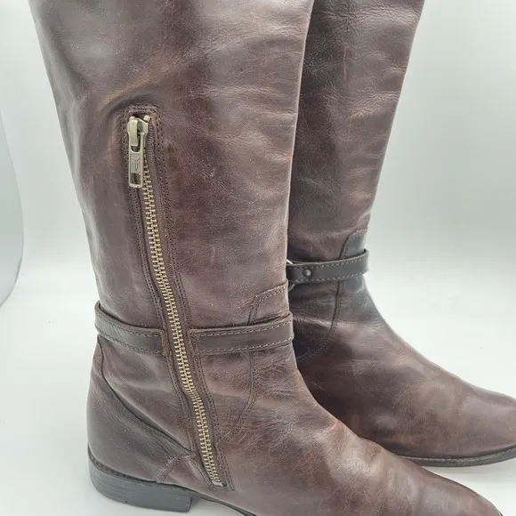 Frye Tall Knee High Riding Boots Women's Size 8 Brown Leather Buckle Side Zip