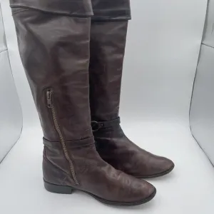Frye Tall Knee High Riding Boots Women's Size 8 Brown Leather Buckle Side Zip