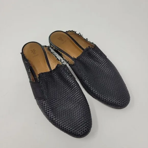Frye womens 9.5 Terri woven Gore Mule Black Leather lined slides