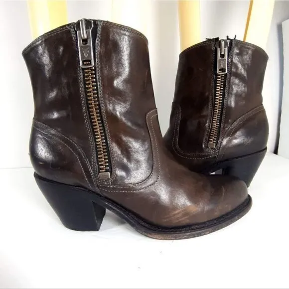 Frye Women's Leslie size 7,5 B Brown Leather Ankle Side Zip Booties Boots