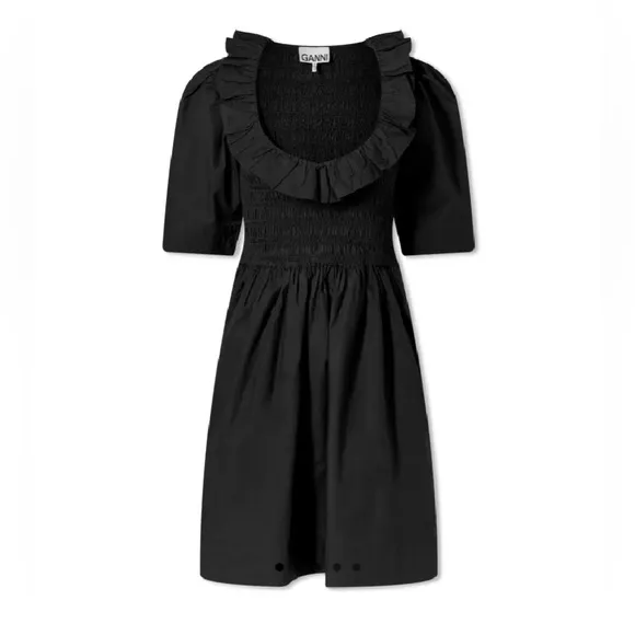 GANNI 100% Cotton Poplin Open-neck Smock Mini dress Black size US 22 EU 52 4XL