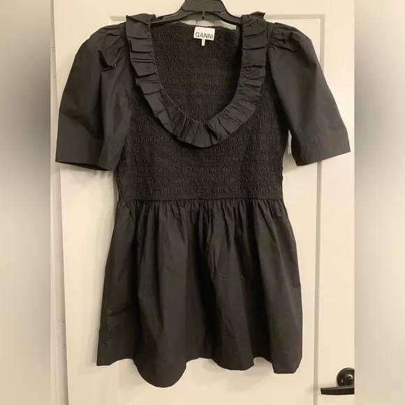 GANNI 100% Cotton Poplin Open-neck Smock Mini dress Black size US 22 EU 52 4XL