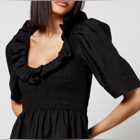 GANNI 100% Cotton Poplin Open-neck Smock Mini dress Black size US 22 EU 52 4XL