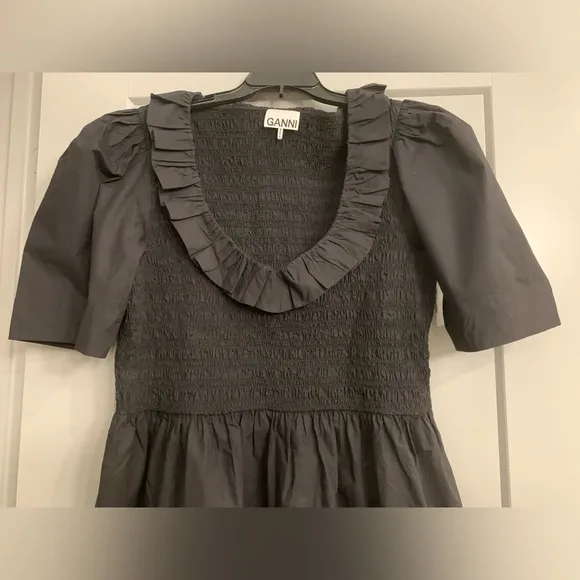 GANNI 100% Cotton Poplin Open-neck Smock Mini dress Black size US 22 EU 52 4XL
