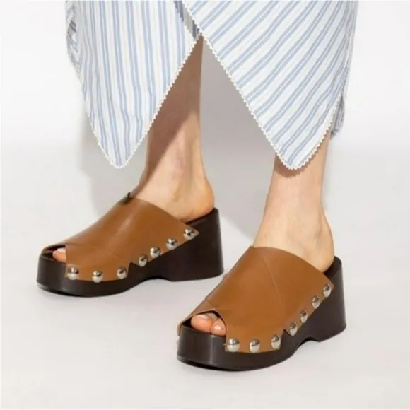 Ganni Retro Leather Platform Clogs Mules Sandals open toe Tigers Eye Camel