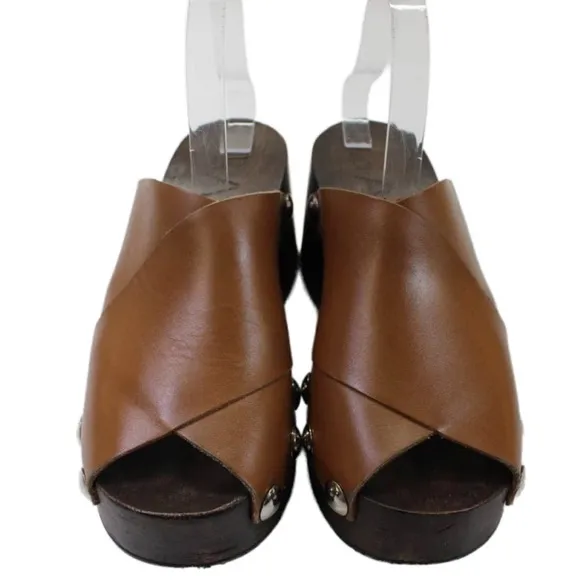 Ganni Retro Leather Platform Clogs Mules Sandals open toe Tigers Eye Camel