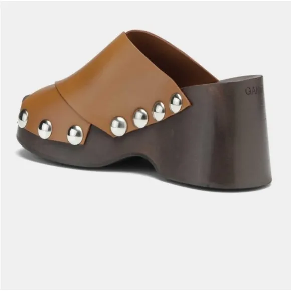 Ganni Retro Leather Platform Clogs Mules Sandals open toe Tigers Eye Camel