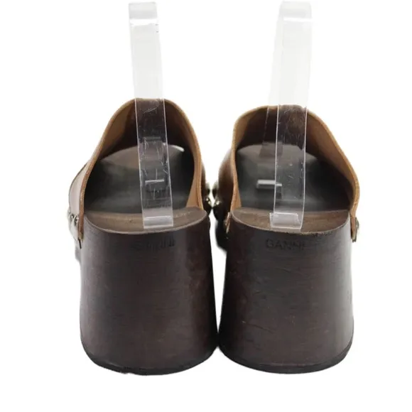 Ganni Retro Leather Platform Clogs Mules Sandals open toe Tigers Eye Camel
