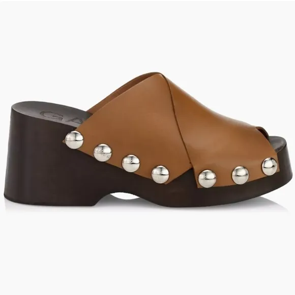 Ganni Retro Leather Platform Clogs Mules Sandals open toe Tigers Eye Camel