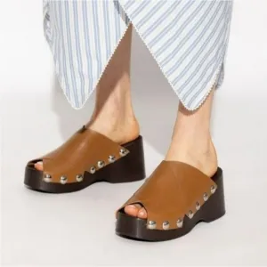 Ganni Retro Leather Platform Clogs Mules Sandals open toe Tigers Eye Camel