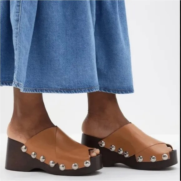 Ganni Retro Leather Platform Clogs Mules Sandals open toe Tigers Eye Camel