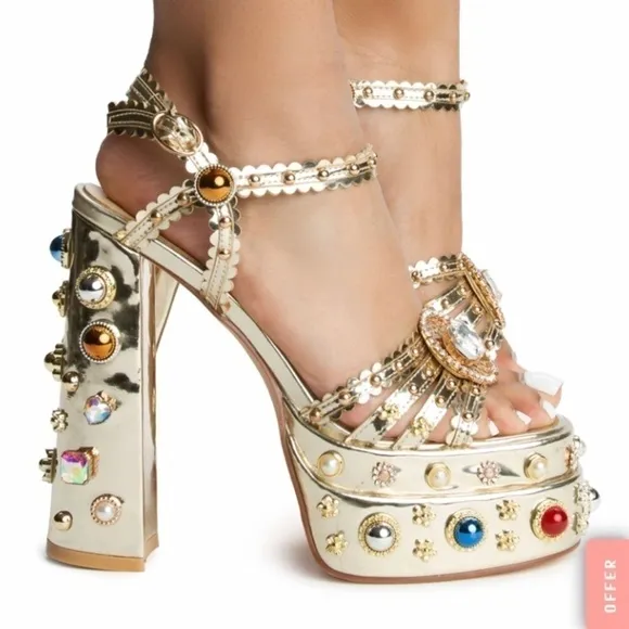 Gemstone bedded ,chunky block ,runway  sandals platform .crystals rhinestone.