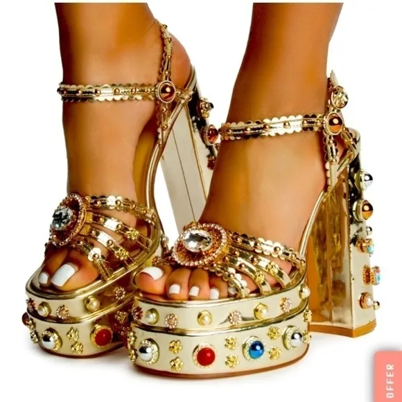 Gemstone bedded ,chunky block ,runway  sandals platform .crystals rhinestone.