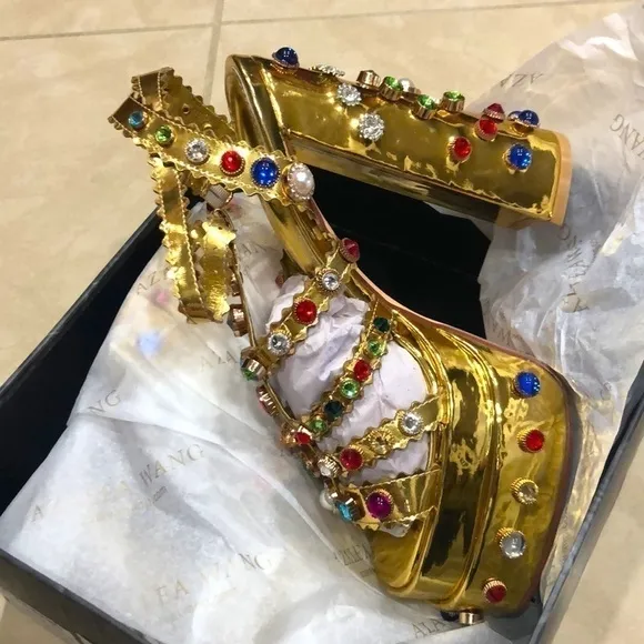 Gemstone bedded ,chunky block ,runway  sandals platform .crystals rhinestone.